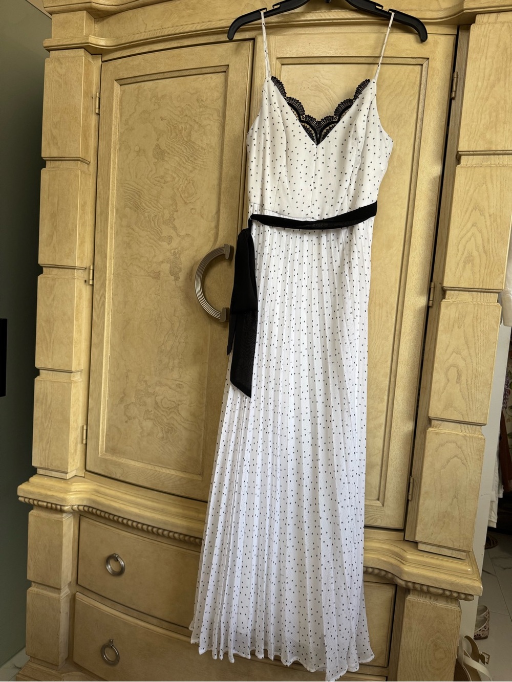 Premier Amour White Polka Dot Maxi Dress with Black Lace Trim and Sash